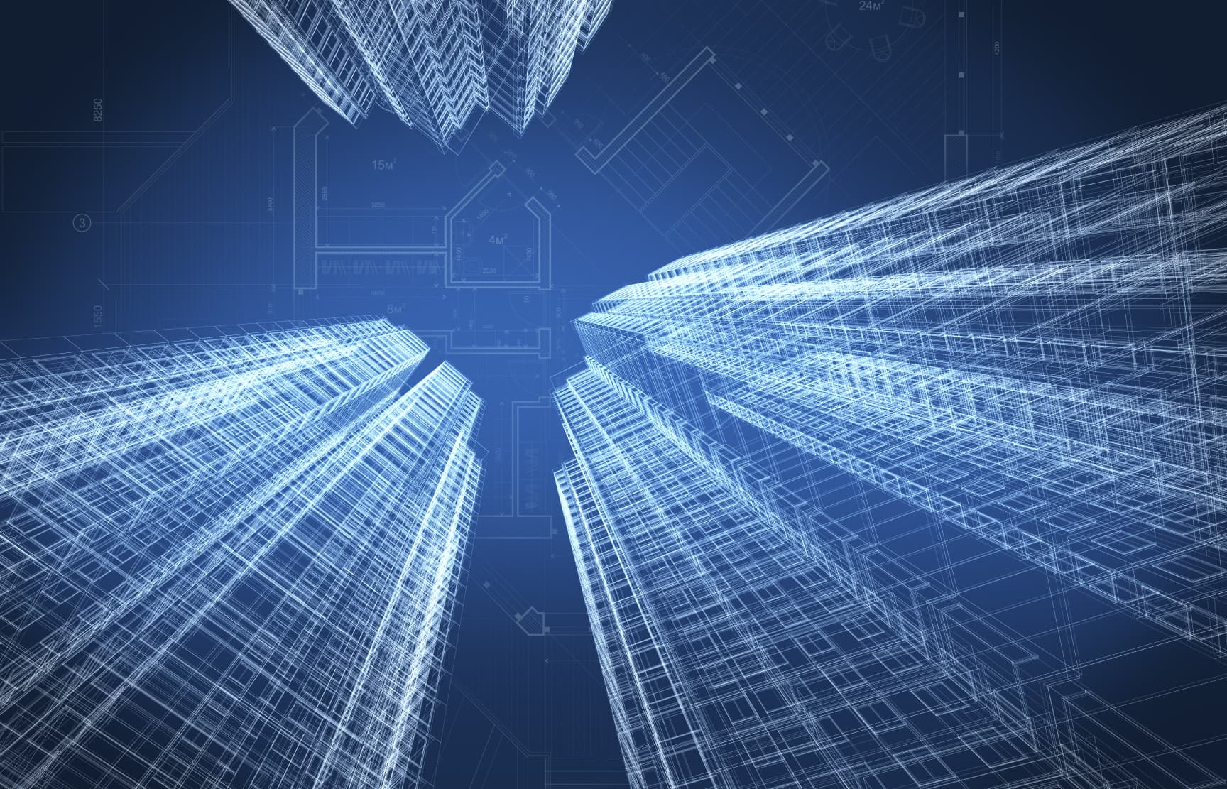 Blueprint wireframe of skyscrapers illustrating secure architecture in AI-assisted development