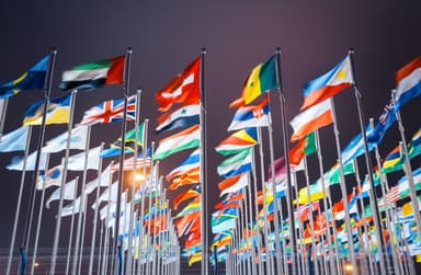 Flags of multiple nations flying on poles at an international event