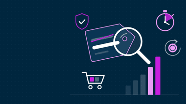 Illustration showing e-commerce icons including a price tag with magnifying glass, shopping cart, security shield, and growth bar chart