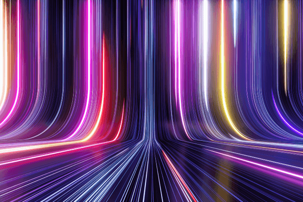 Abstract neon light trails converging, representing Aire Logic's employee-owned tech for good journey